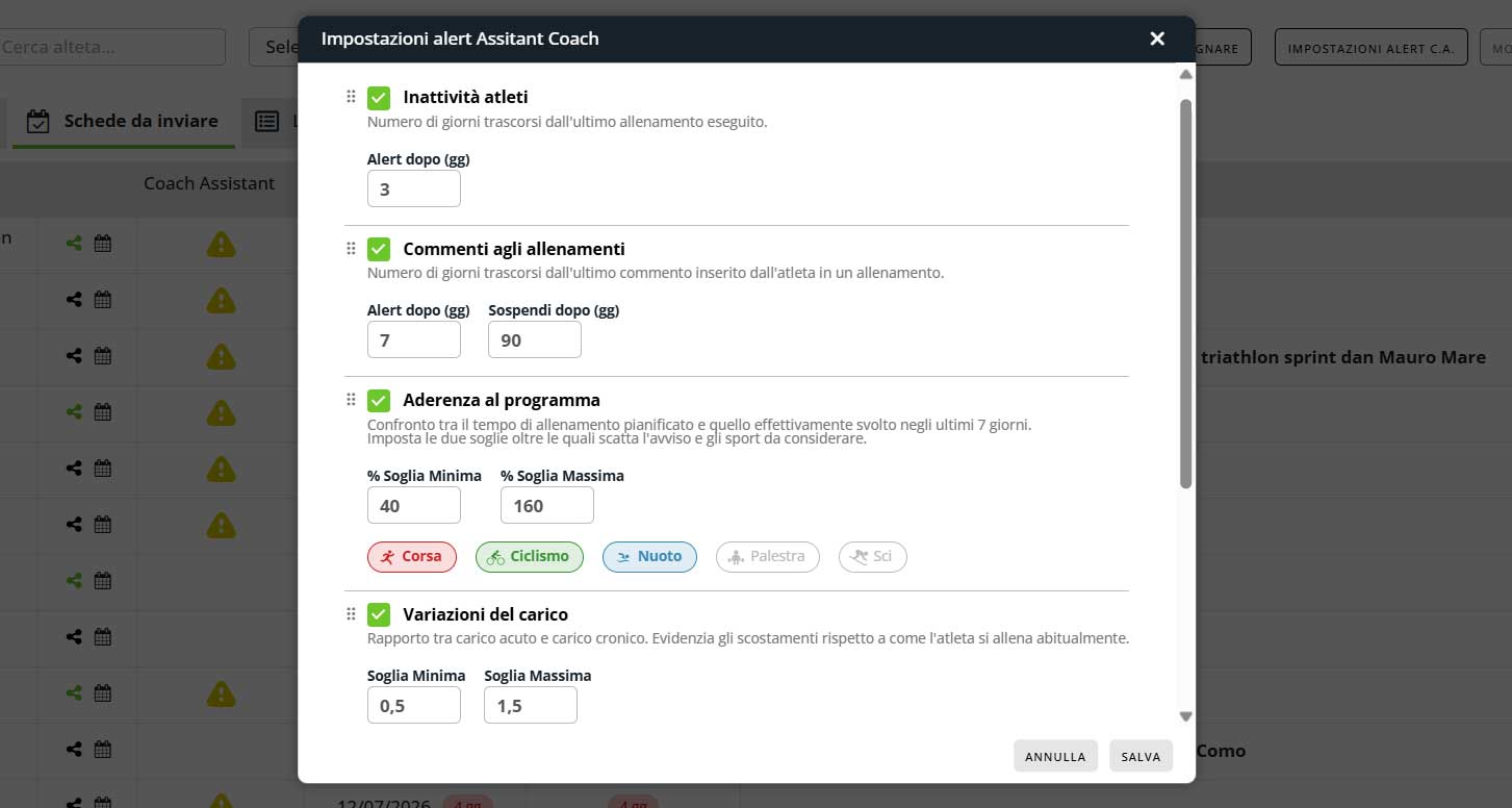 Configurazione degli alert di Coach Assistant in CoachPeaking