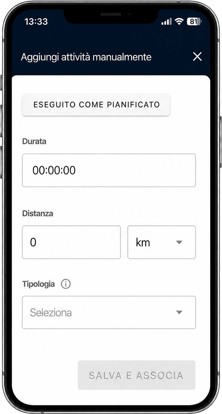 Creazione di una nuova attività manuale in CoachPeaking con inserimento di tempo, distanza e tipologia