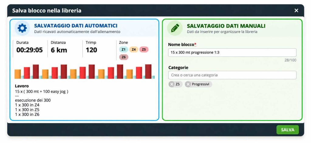 Salvataggio di un blocco con dati manuali e automatici nella Libreria Blocchi di CoachPeaking